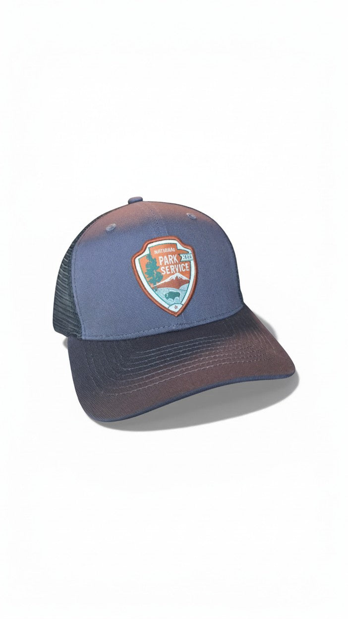 Moove Headwear National Park Service snapback trucker hat with embroidered logo, blue and grey