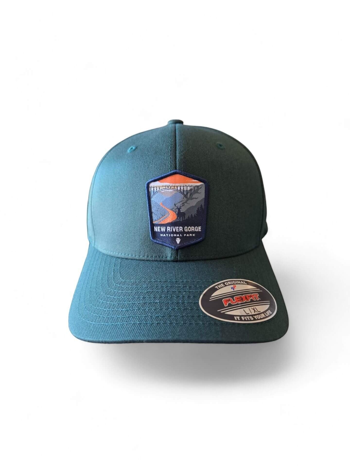 Moove Headwear dark teal fitted baseball cap with New River Gorge National Park embroidered patch and Flexfit label.