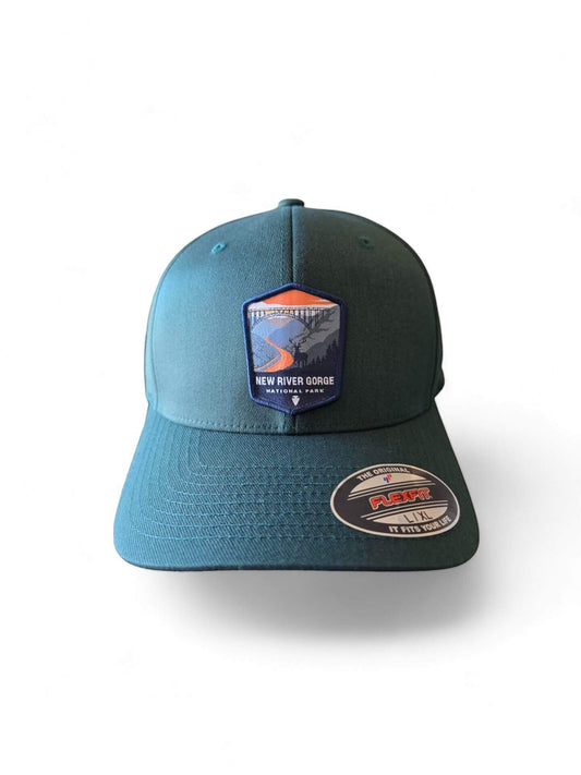 Moove Headwear dark teal fitted baseball cap with New River Gorge National Park embroidered patch and Flexfit label.