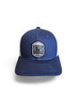 Moove Headwear navy blue trucker hat with white mesh back and embroidered North Carolina patch.