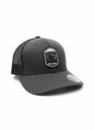 Moove Headwear dark grey trucker hat with embroidered North Carolina patch and mesh back. Adjustable snapback closure.