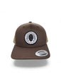 Moove Headwear brown trucker hat with National Park Service Sequoia Cone embroidered patch and tan mesh back.
