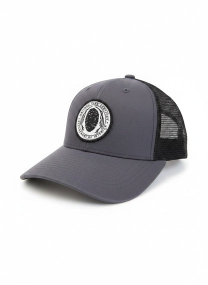 Moove Headwear vintage gray trucker hat with black mesh back and embroidered National Park Service Sequoia Cone patch.