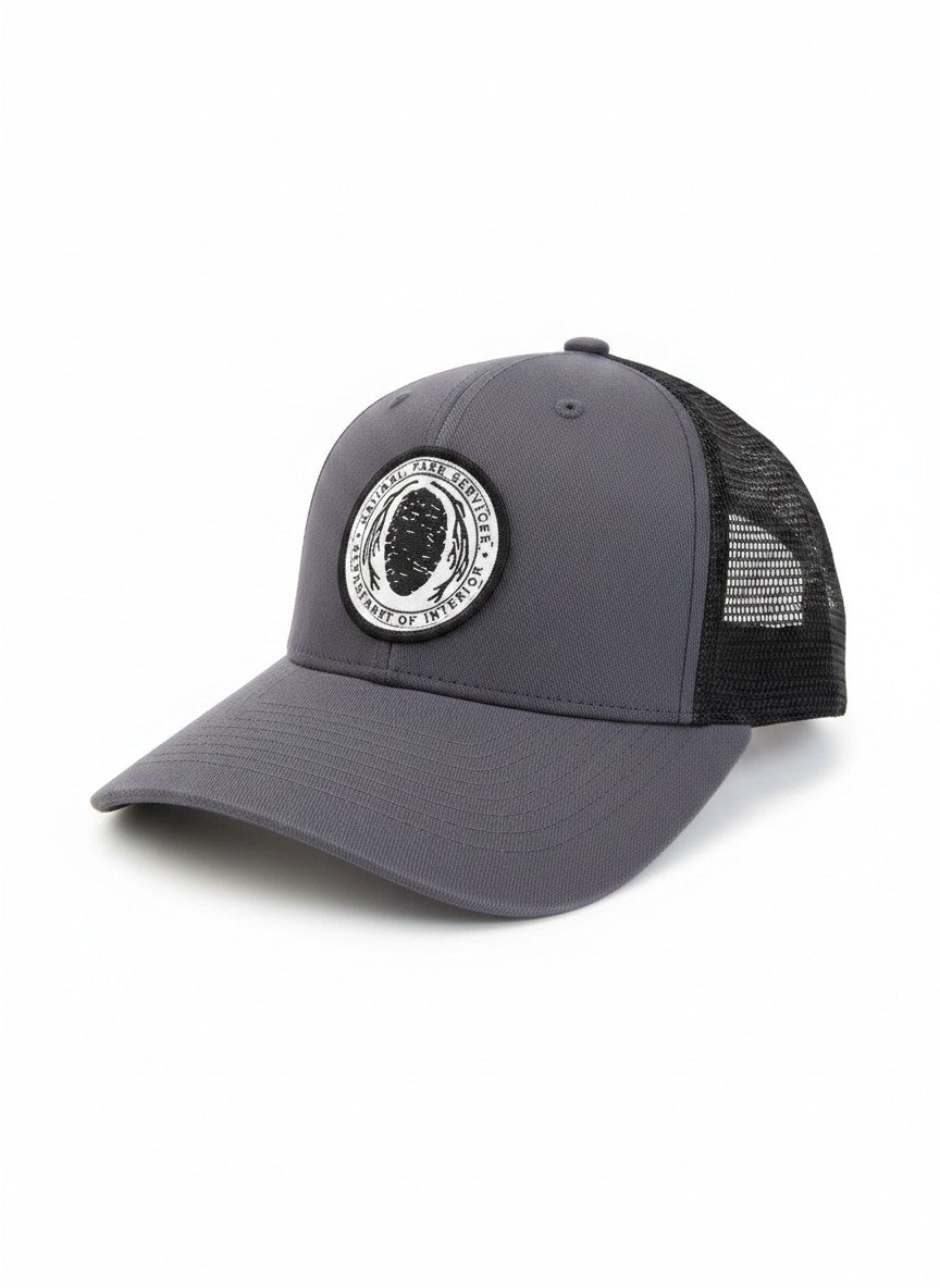 Moove Headwear vintage National Park Service embroidered trucker hat, grey with black mesh back and Sequoia Cone patch.