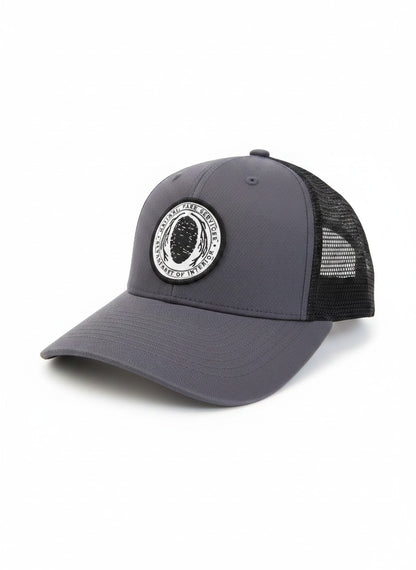 Moove Headwear vintage National Park Service embroidered trucker hat, grey with black mesh back and Sequoia Cone patch.