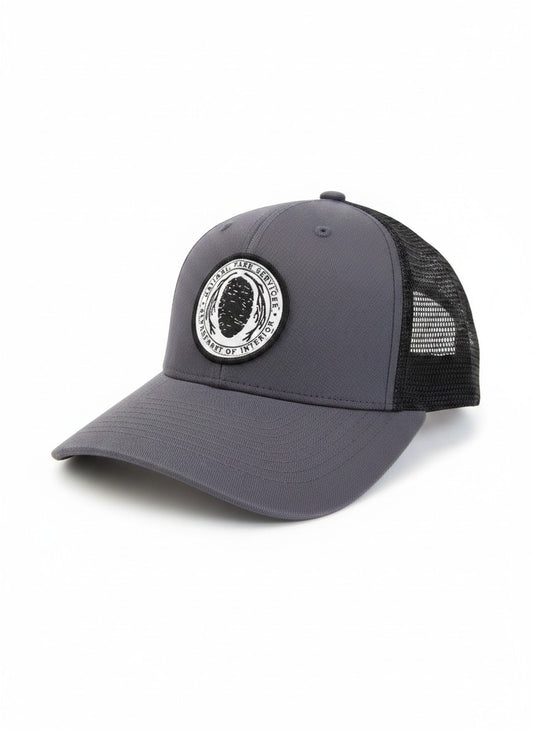 Moove Headwear vintage National Park Service embroidered trucker hat, grey with black mesh back and Sequoia Cone patch.