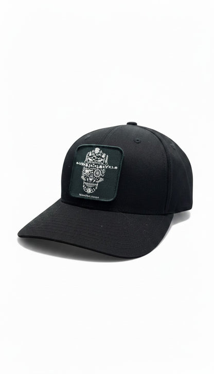 Moove Headwear black fitted National Park Service ranger hat with a square patch featuring a skull design made of nature elements.