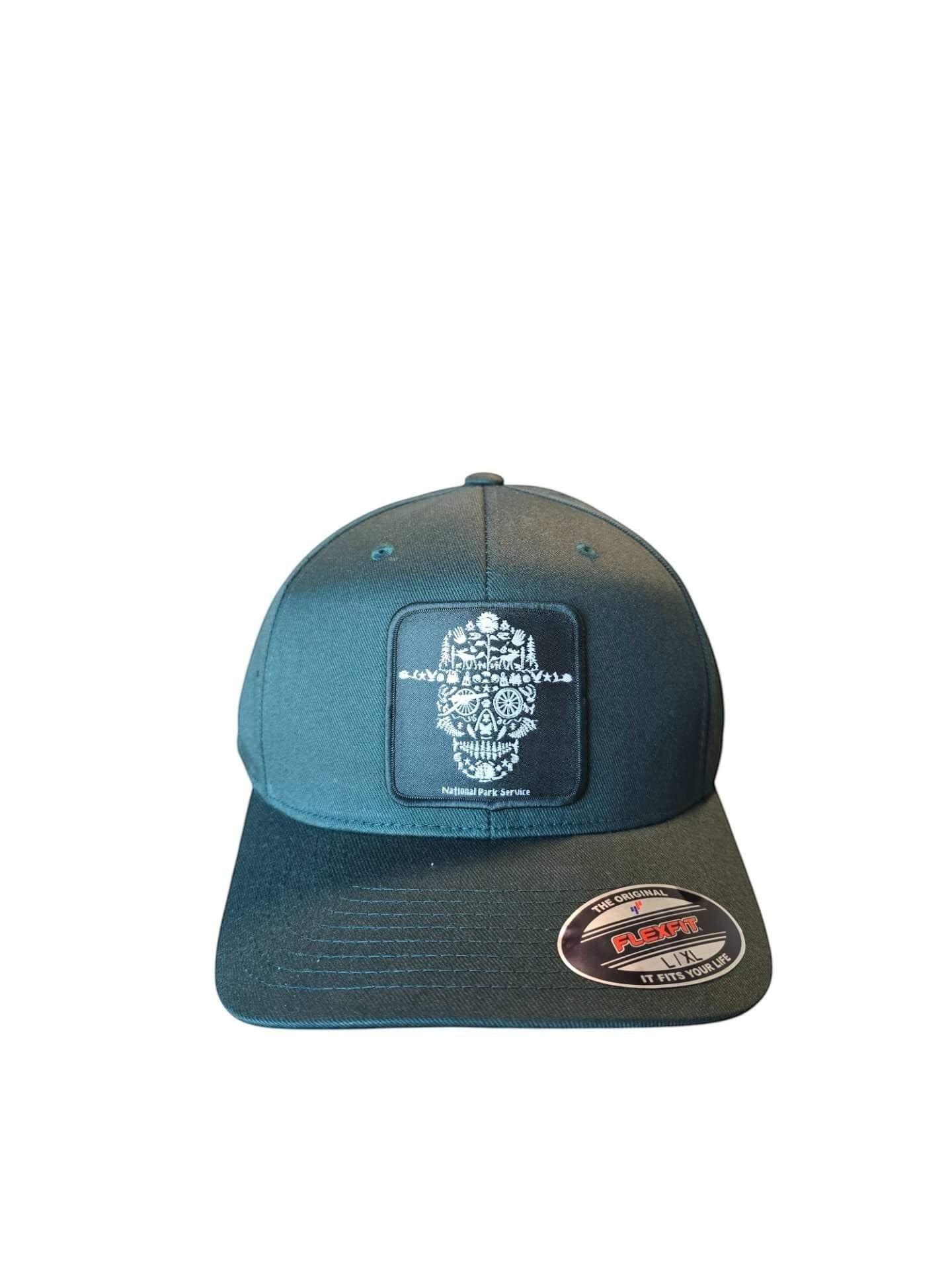 Moove Headwear dark green fitted National Park Service ranger hat with a skull graphic made of park icons.