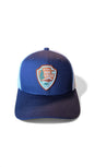 Moove Headwear navy blue trucker hat with white mesh back and National Park Service patch.