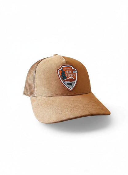 Moove Headwear tan suede National Park Service snapback hat with embroidered NPS emblem and mesh back.