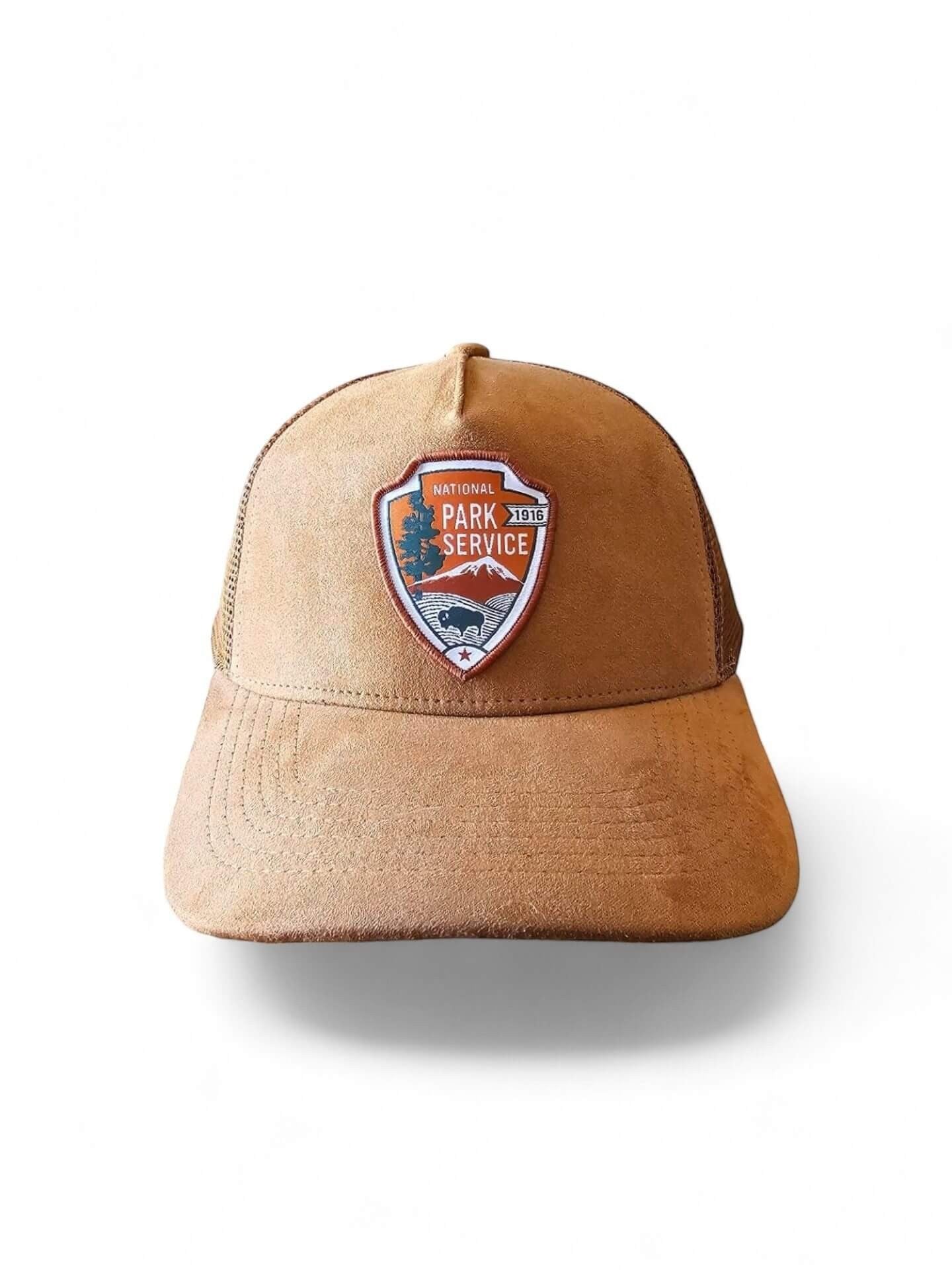 Moove Headwear tan suede National Park Service snapback hat with embroidered NPS emblem and mesh back.