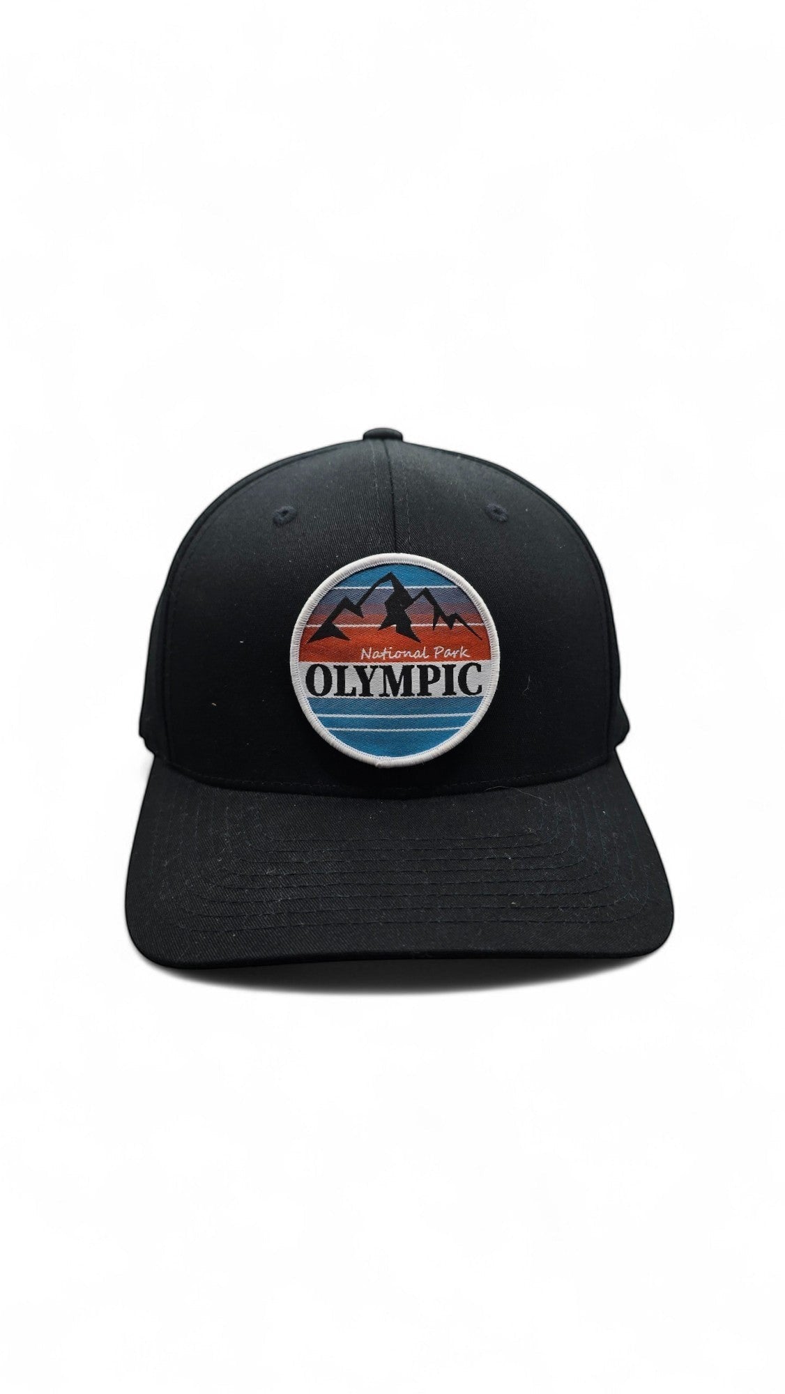 Moove Headwear black Flexfit cap with Olympic National Park mountain logo patch. Comfortable stretch-fit for outdoor adventures.