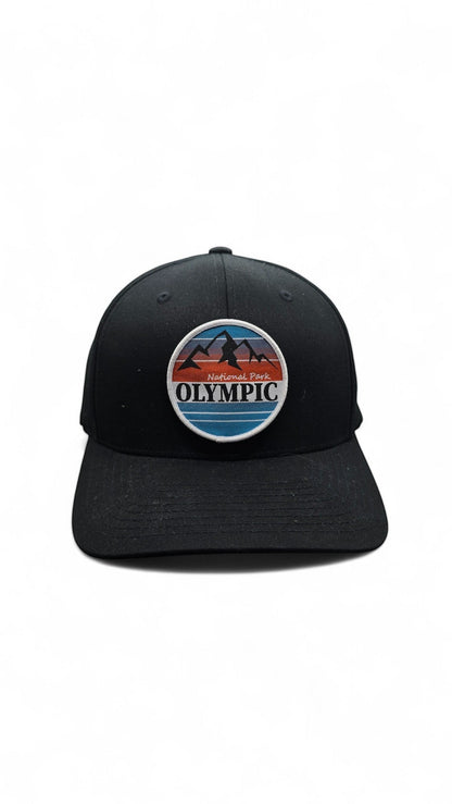 Moove Headwear black Flexfit cap with Olympic National Park mountain logo patch. Comfortable stretch-fit for outdoor adventures.