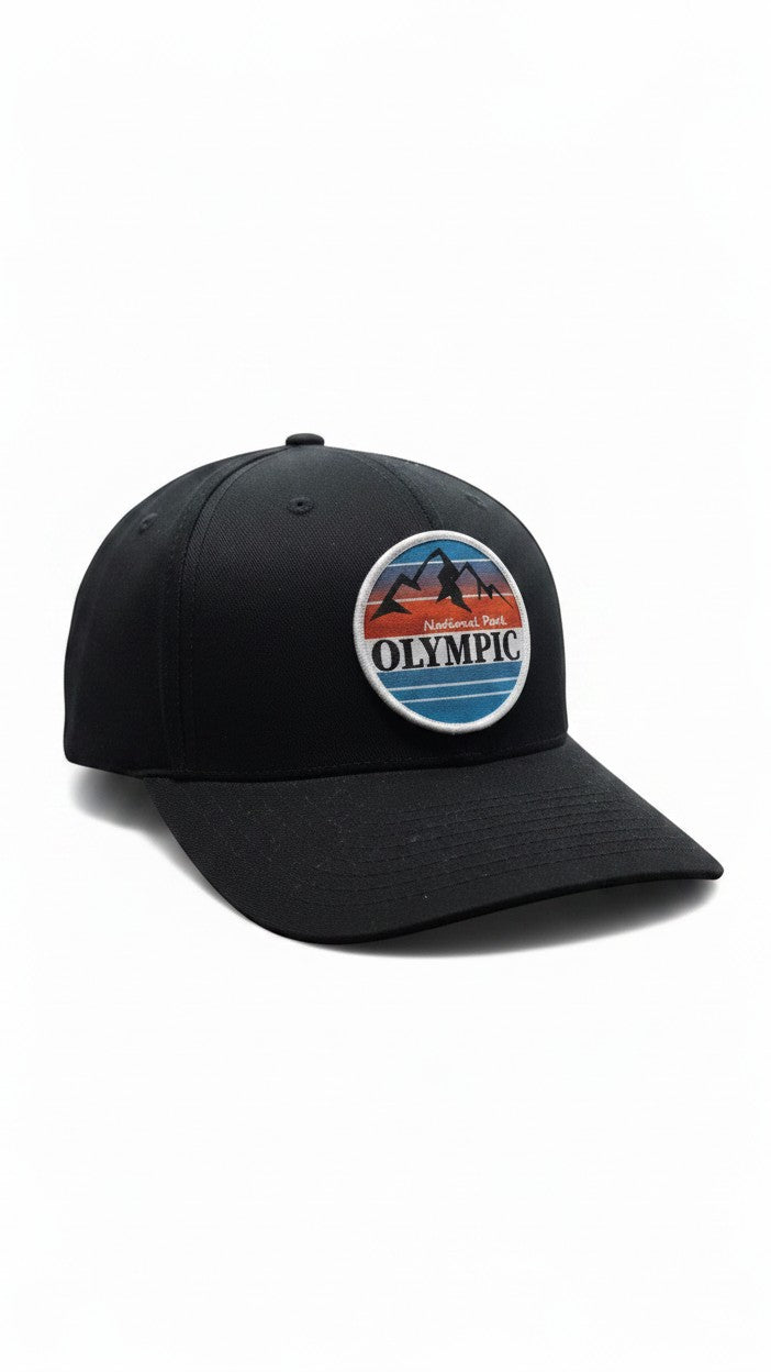 Moove Headwear black Flexfit cap with Olympic National Park mountain logo patch. Comfortable stretch-fit for outdoor adventures.