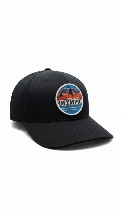 Moove Headwear black Flexfit cap with Olympic National Park mountain logo patch. Comfortable stretch-fit for outdoor adventures.