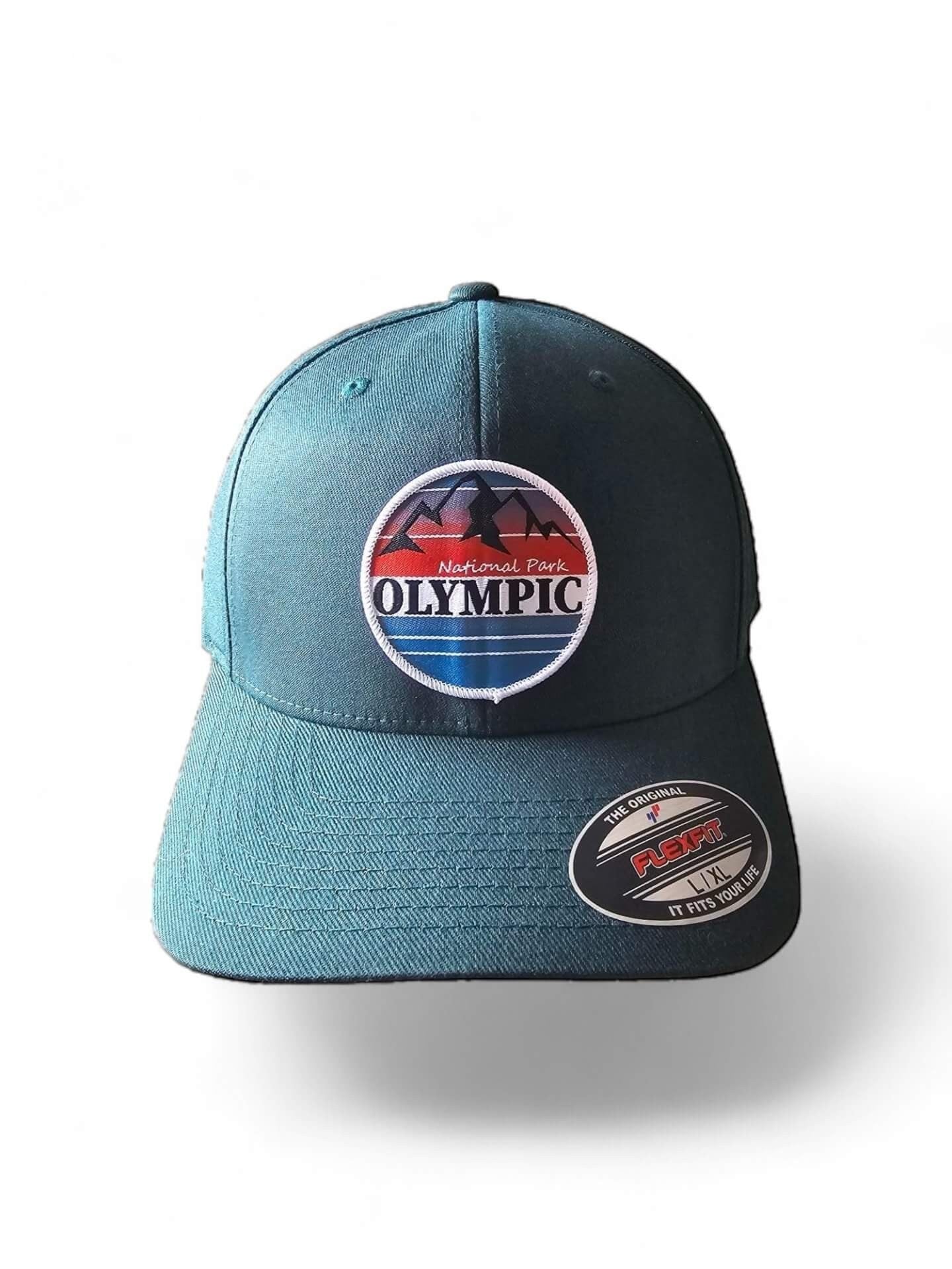 Moove Headwear teal Flexfit cap with Olympic National Park logo patch, featuring mountains and sunset.