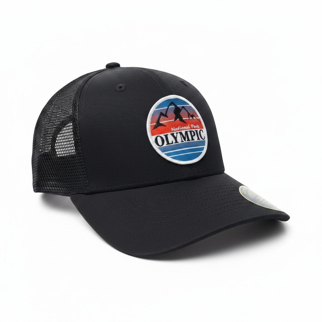 Moove Headwear black trucker hat with Olympic National Park graphic and mesh back. Adjustable snapback for hiking and camping.