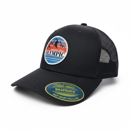 Moove Headwear black trucker hat with Olympic National Park graphic and mesh back. Adjustable snapback for hiking and camping.