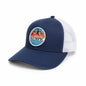 Moove Headwear navy blue trucker hat with white mesh back and Olympic National Park graphic patch.