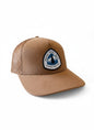 Moove Headwear brown suede trucker hat with mesh back and Pacific Crest Trail patch. Adjustable snapback for a secure fit.