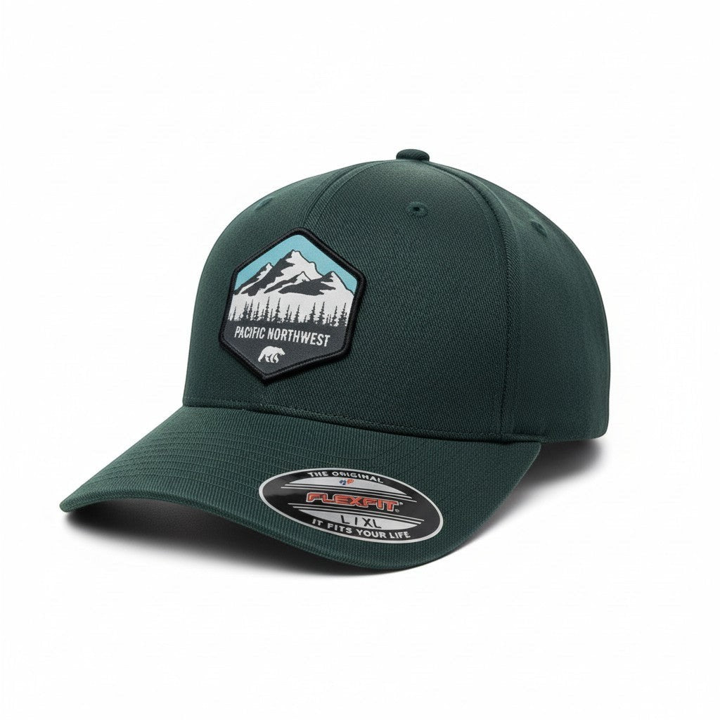 Moove Headwear dark green baseball cap with Pacific Northwest mountain graphic and FlexFit logo