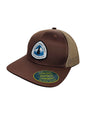 Moove Headwear brown trucker hat with Pacific Crest Trail patch and tan mesh back. Adjustable snapback closure.