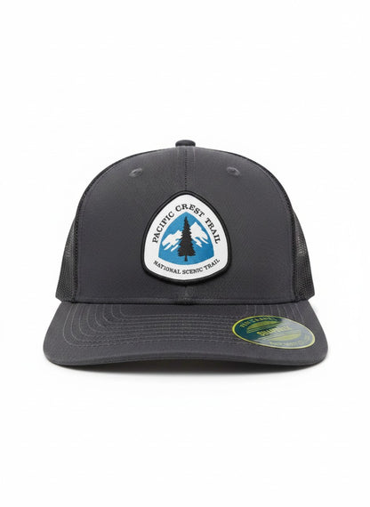 Moove Headwear black trucker hat with Pacific Crest Trail patch, adjustable snapback closure, mesh back for breathability.