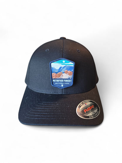 Moove Headwear Petrified Forest National Park patch on a black fitted Flexfit hat with a structured crown.