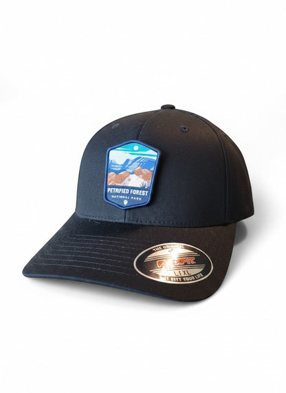 Moove Headwear black fitted hat with Petrified Forest National Park patch featuring desert landscape and petrified wood.