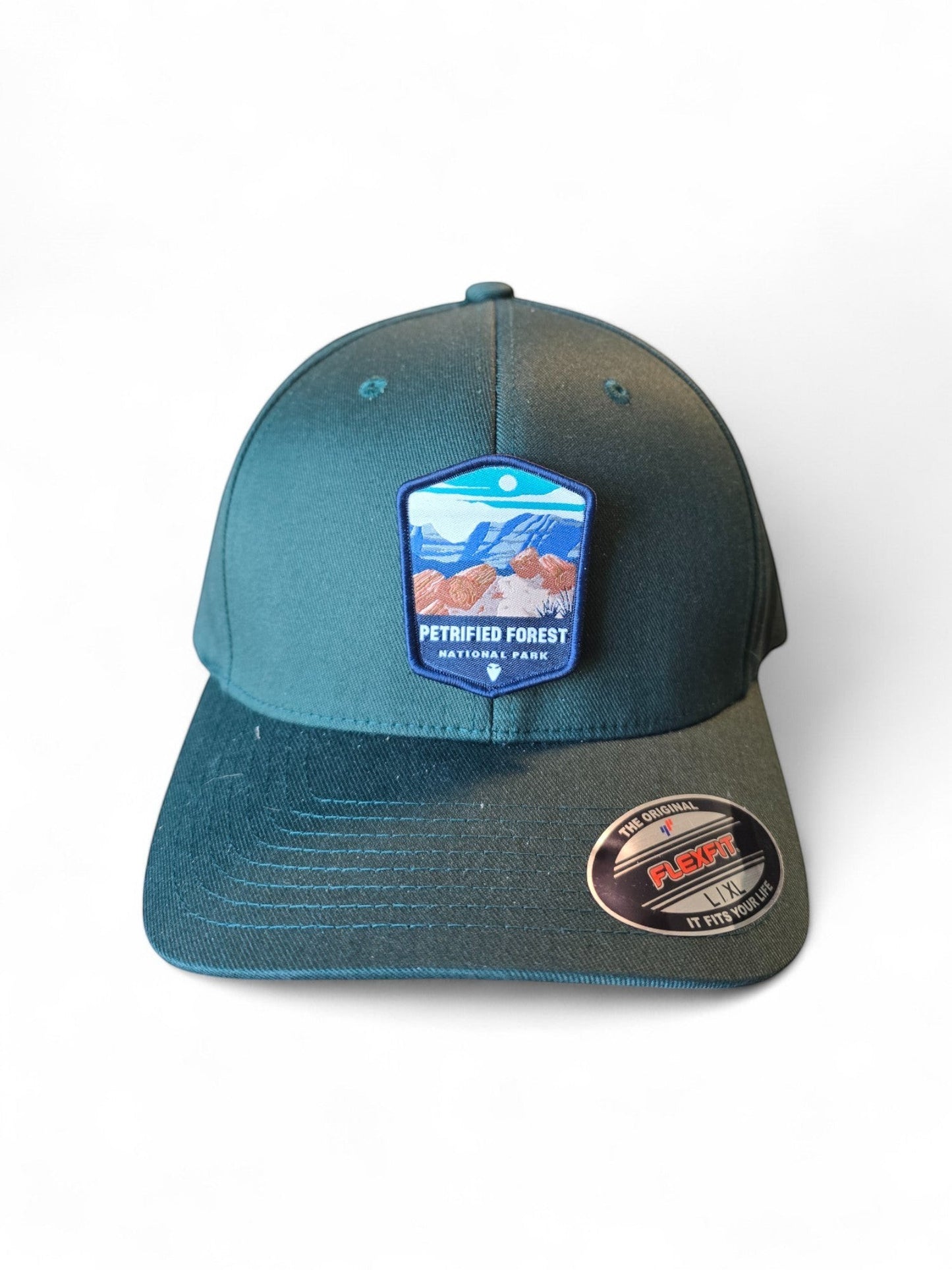 Moove Headwear teal fitted cap with Petrified Forest National Park patch featuring desert landscape and petrified wood.