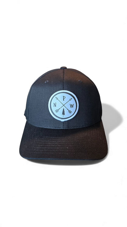 Moove Headwear black Flexfit hat with embroidered PNW Arrows graphic on front, polyester-cotton-spandex blend.