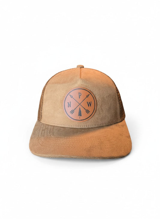 Moove Headwear tan suede mesh snapback hat with PNW Arrows leather patch and adjustable closure.