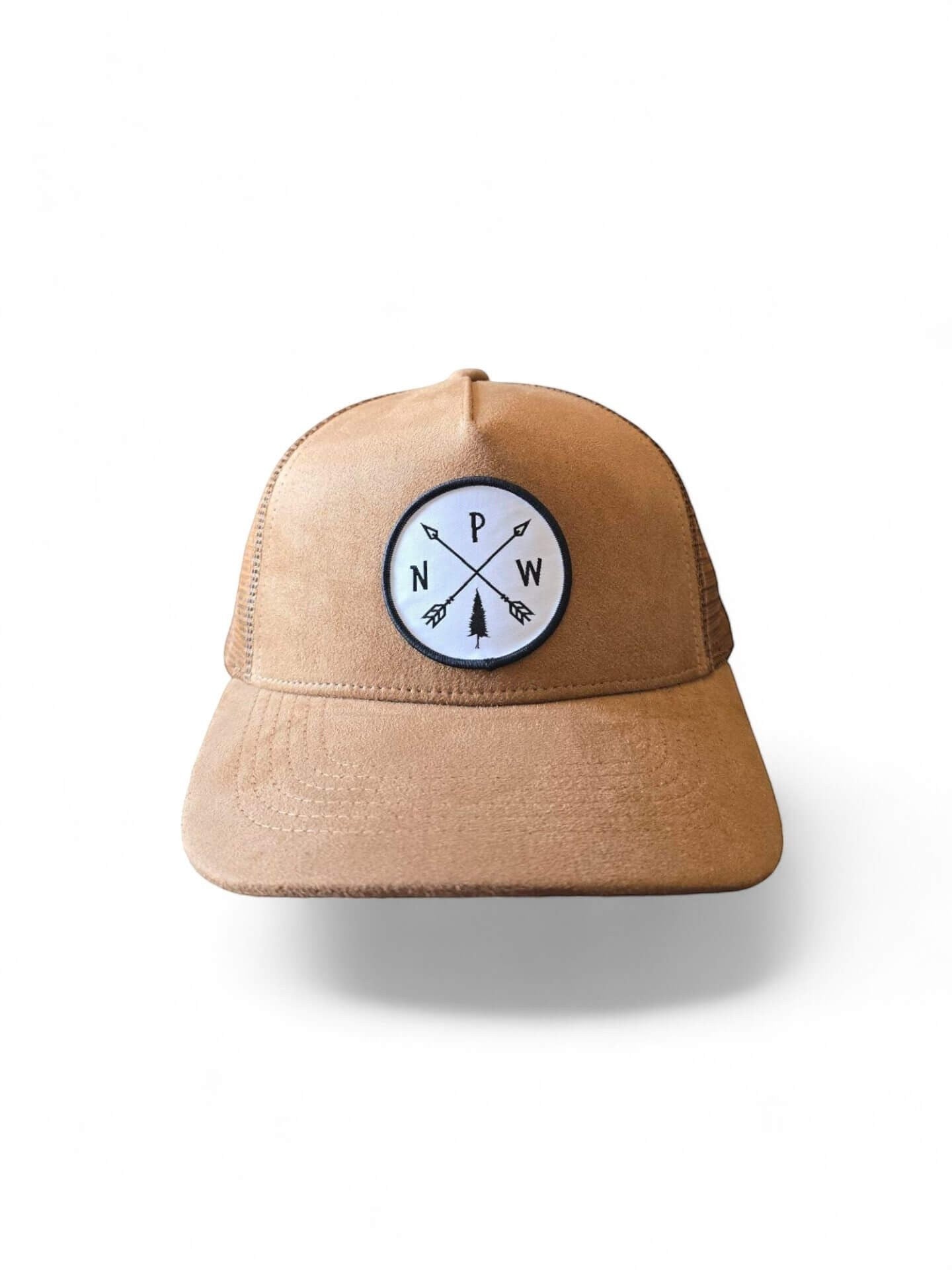 Moove Headwear tan suede trucker hat with mesh back and PNW arrow patch. Adjustable snapback for a custom fit.