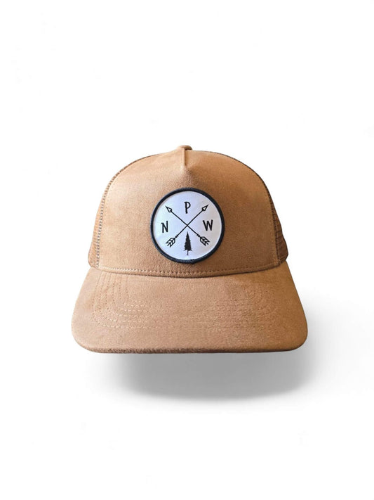 Moove Headwear tan suede trucker hat with mesh back and PNW arrow patch. Adjustable snapback for a custom fit.