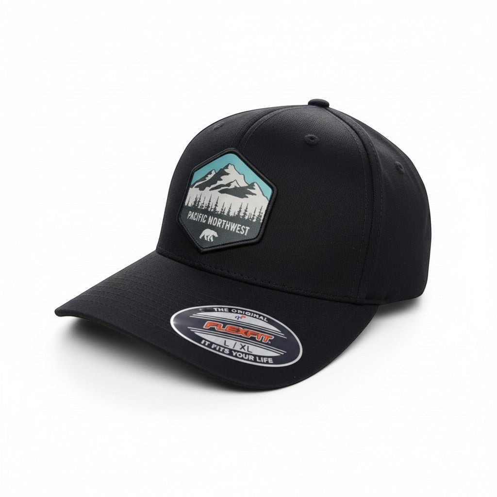 Moove Headwear black baseball cap with Pacific Northwest mountain and forest patch, FlexFit technology