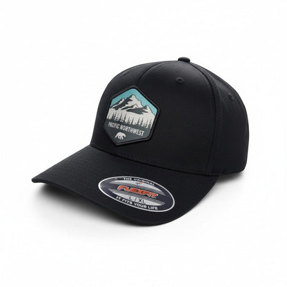 Moove Headwear black baseball cap with Pacific Northwest mountain and forest patch, FlexFit technology