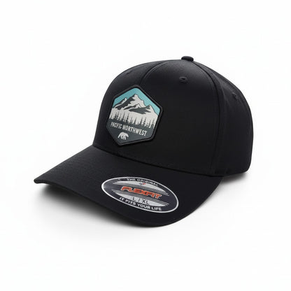 Moove Headwear black baseball cap with Pacific Northwest mountain and forest patch and FlexFit logo.