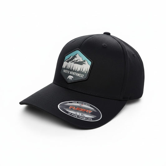 Moove Headwear black baseball cap with Pacific Northwest mountain and forest patch and FlexFit logo.