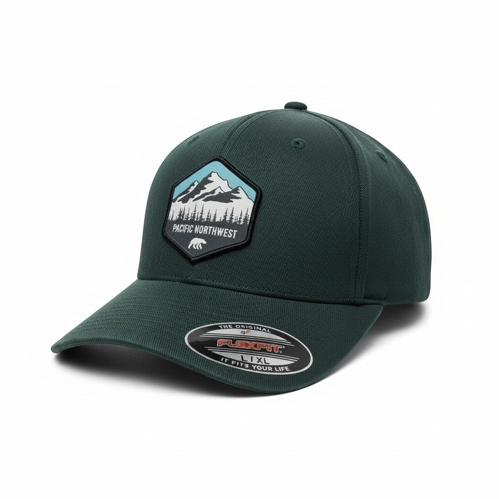 Moove Headwear dark green baseball cap with Pacific Northwest mountain patch and FlexFit logo