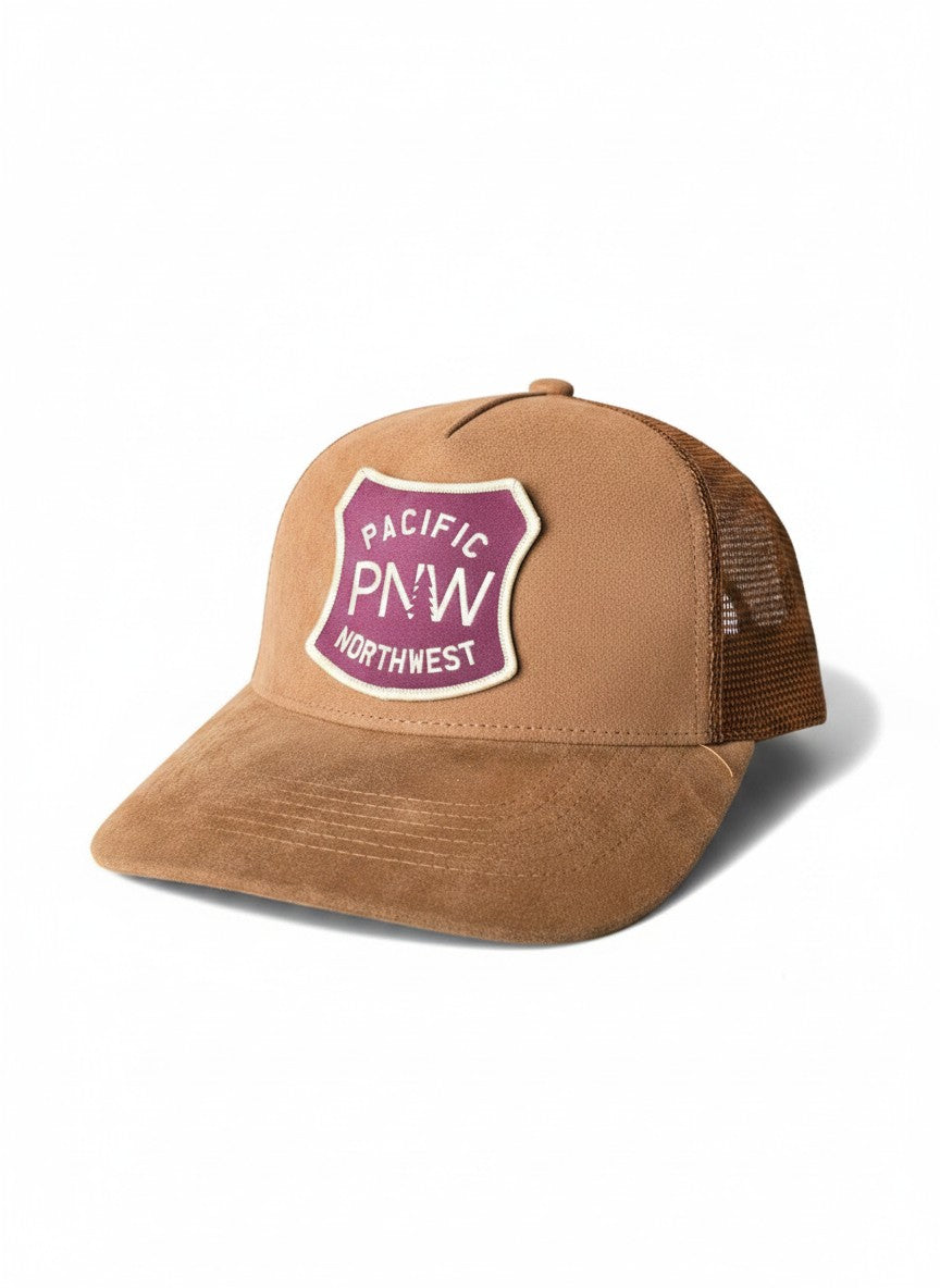 Moove Headwear brown suede trucker hat with PNW Pacific Northwest patch and mesh back. Adjustable snapback.