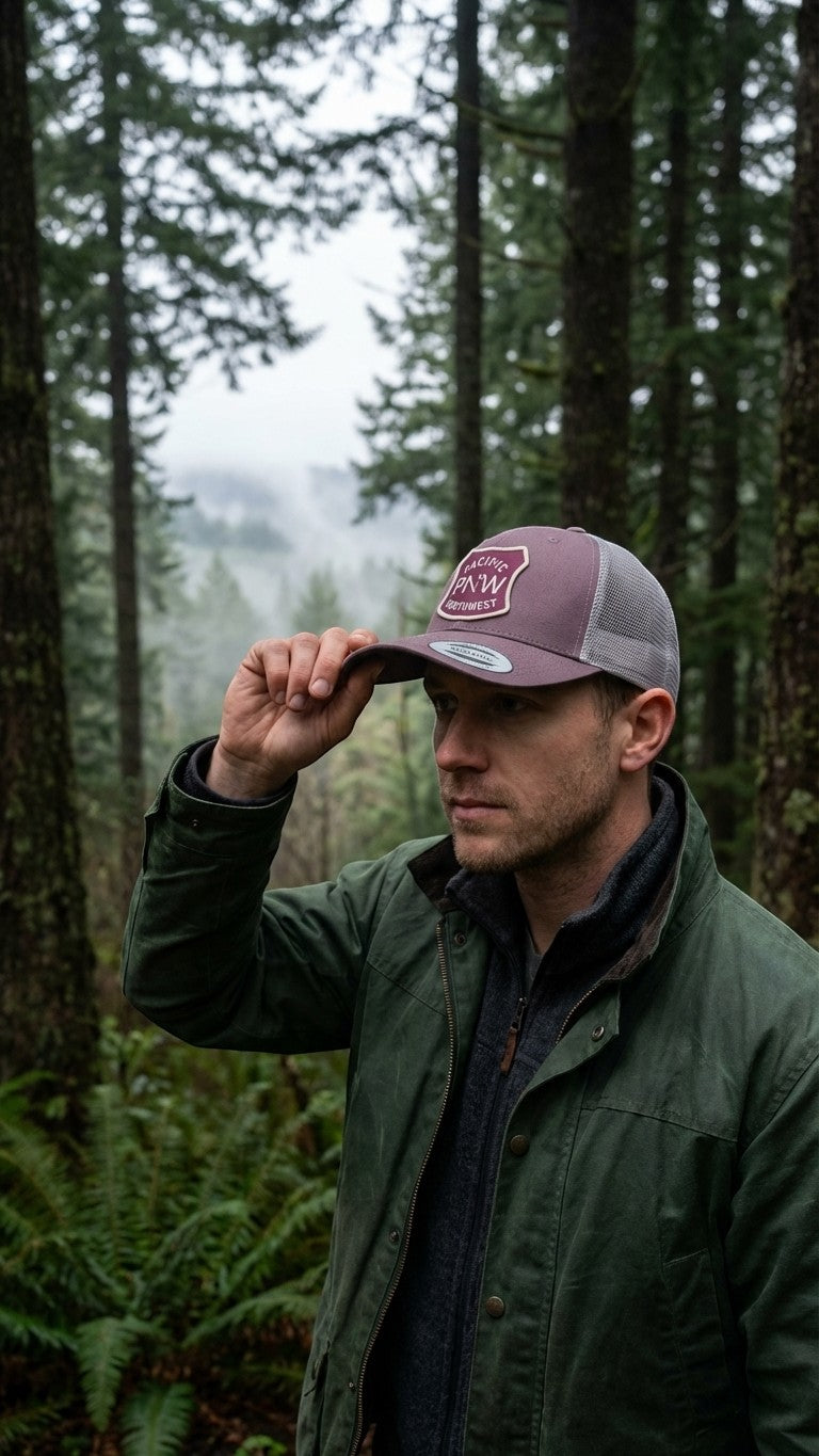 Moove Headwear brown trucker hat with PNW tree graphic and mesh back, worn by a man in a forest.