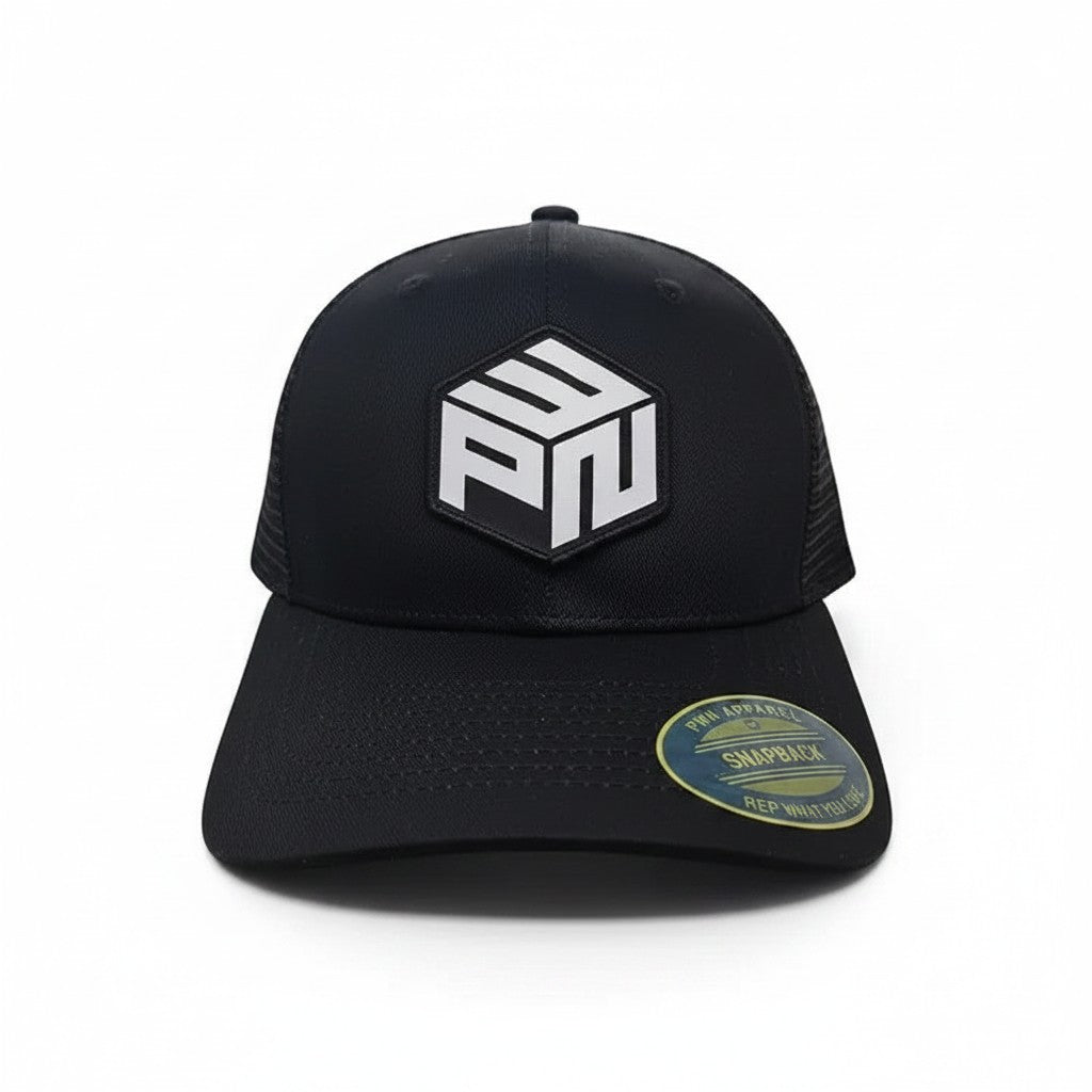 Moove Headwear black trucker hat with white PNW patch and mesh back, adjustable snapback for hiking and camping.