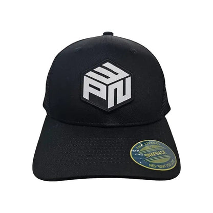 Moove Headwear black trucker hat with white PNW logo patch and mesh back panel, adjustable snapback closure.
