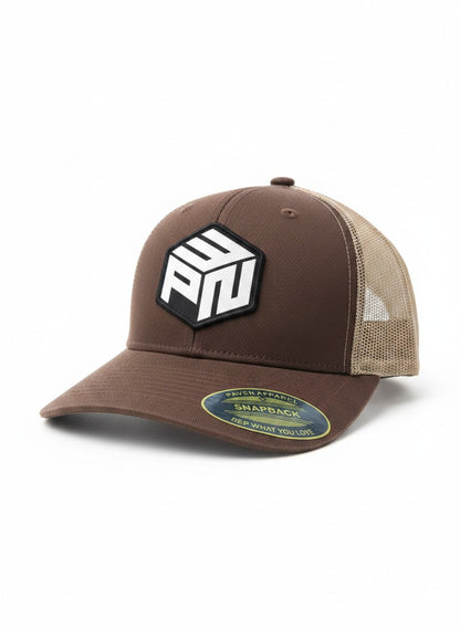 Moove Headwear brown trucker hat with PNW patch and mesh back, adjustable snapback for hiking and camping.