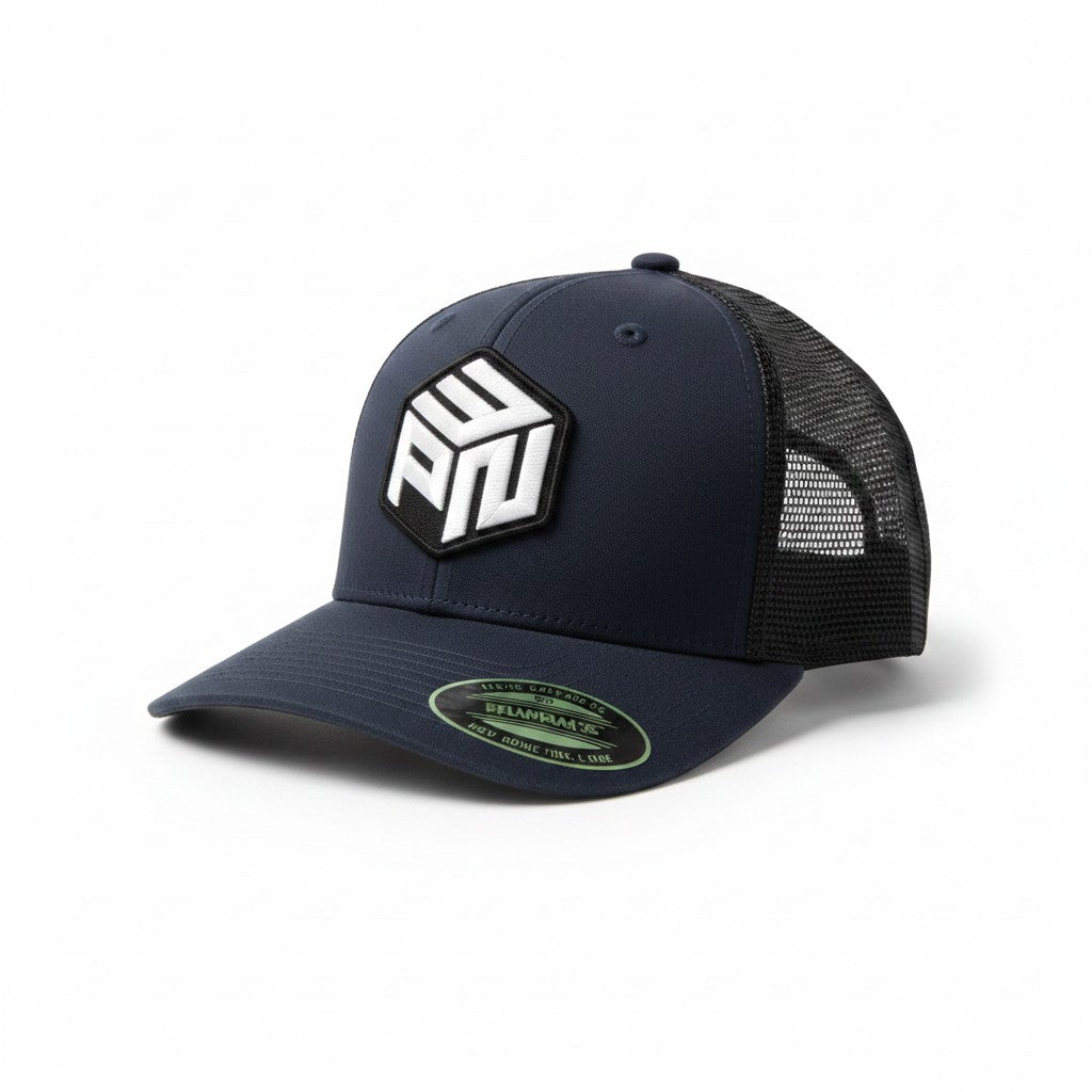 Moove Headwear dark grey trucker hat with a white PNW patch and black mesh back. Adjustable snapback for hiking and camping.