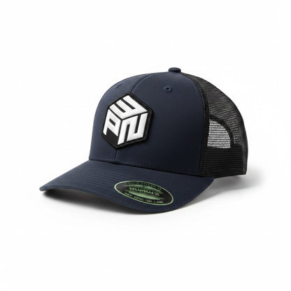 Moove Headwear dark grey trucker hat with a white PNW patch and black mesh back. Adjustable snapback for hiking and camping.