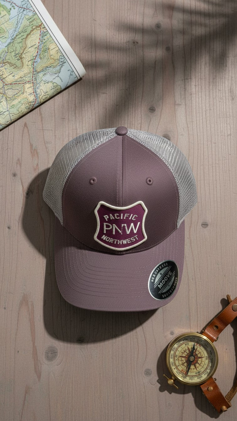 Moove Headwear Pacific Northwest trucker hat in mauve with a grey mesh back and PNW tree graphic. Adjustable snapback.