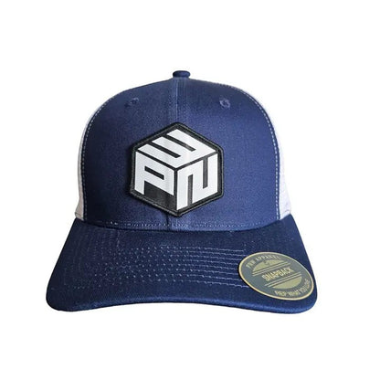 Moove Headwear navy blue trucker hat with white mesh back and a hexagonal PNW patch on the front.