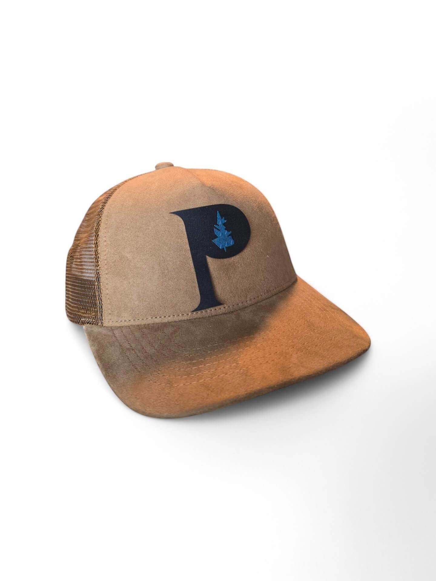 Moove Headwear tan suede trucker hat with navy P logo and blue tree detail, mesh back, adjustable snapback