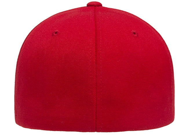 Moove Headwear red fitted hat with cactus and mountain sunset patch. Mid-profile structured crown.